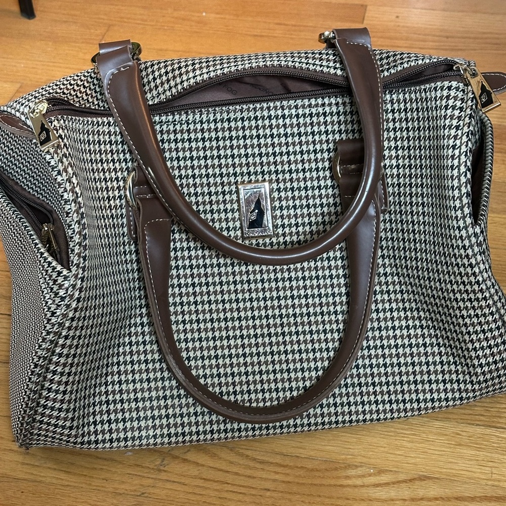 London Fog luggage Brown Houndstooth Satchel Bag with Dark Brown Trim